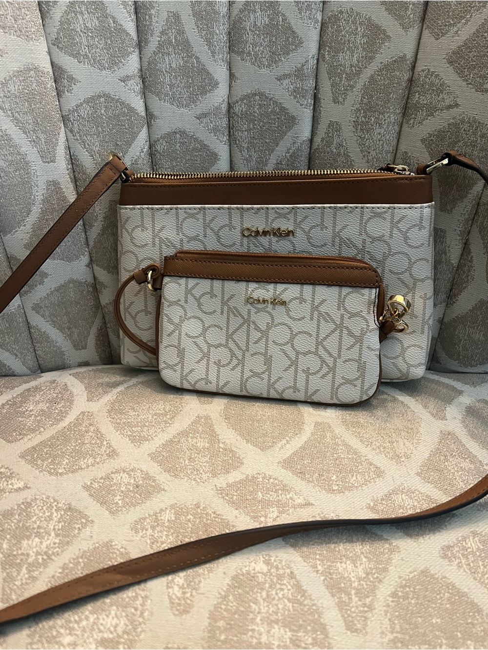 Calvin Klein Cream & Brown Signature Double Pouch Crossbody